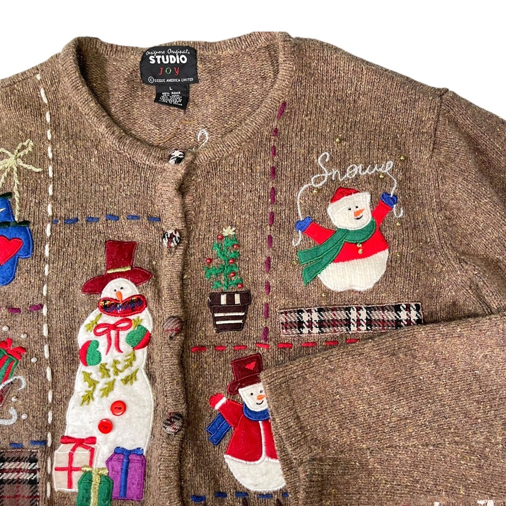 Designers Originals Studio Joy L Brown Cardigan Snowman Holiday Ugly Sweater